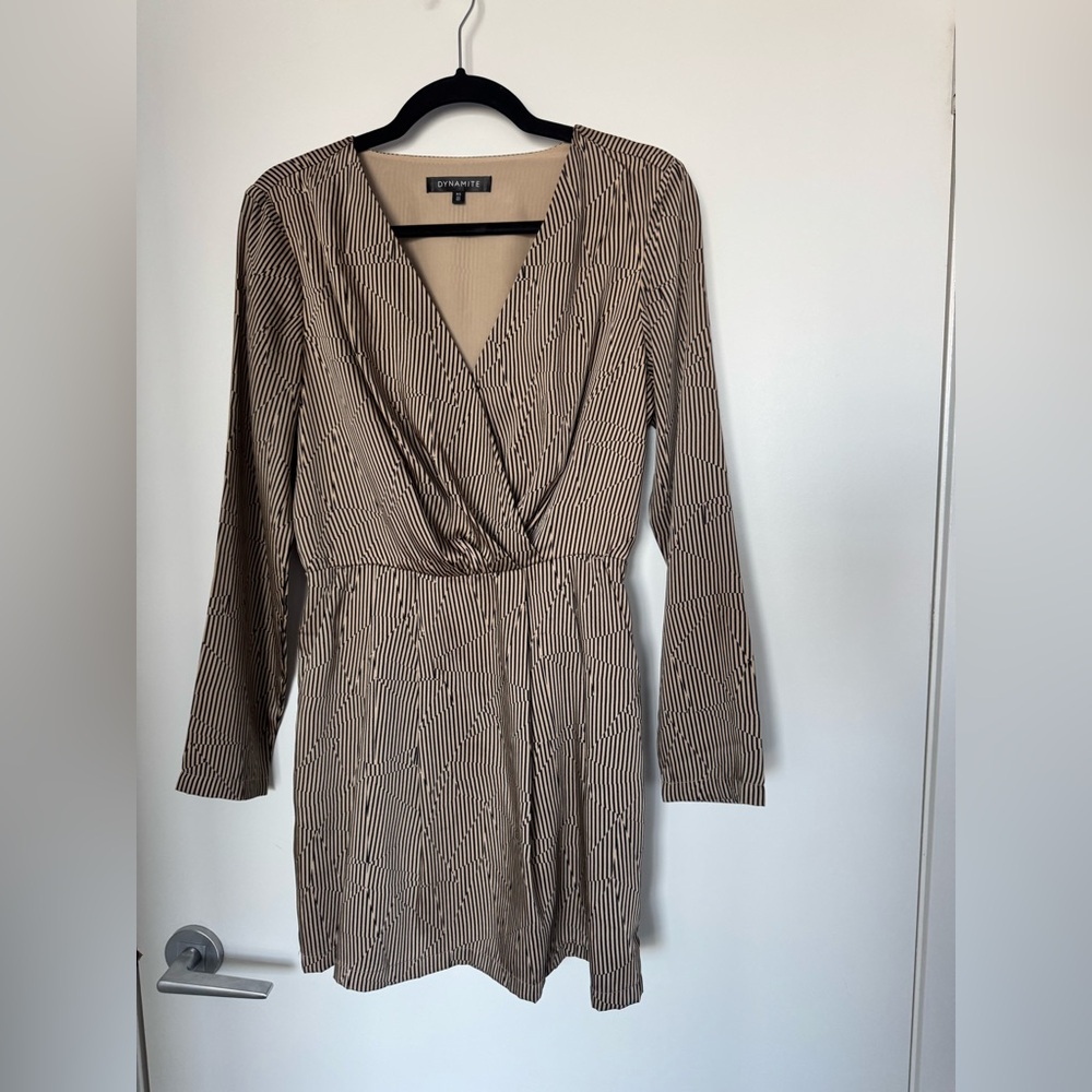 V-Neck Long Sleeve Mini Dress with Subtle Stripes - Picture 5 of 5